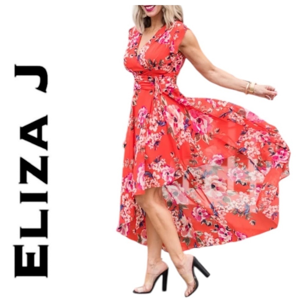 Eliza J Orange Pink Floral Chiffon High Low Maxi Dress Size 14 Cottagecore